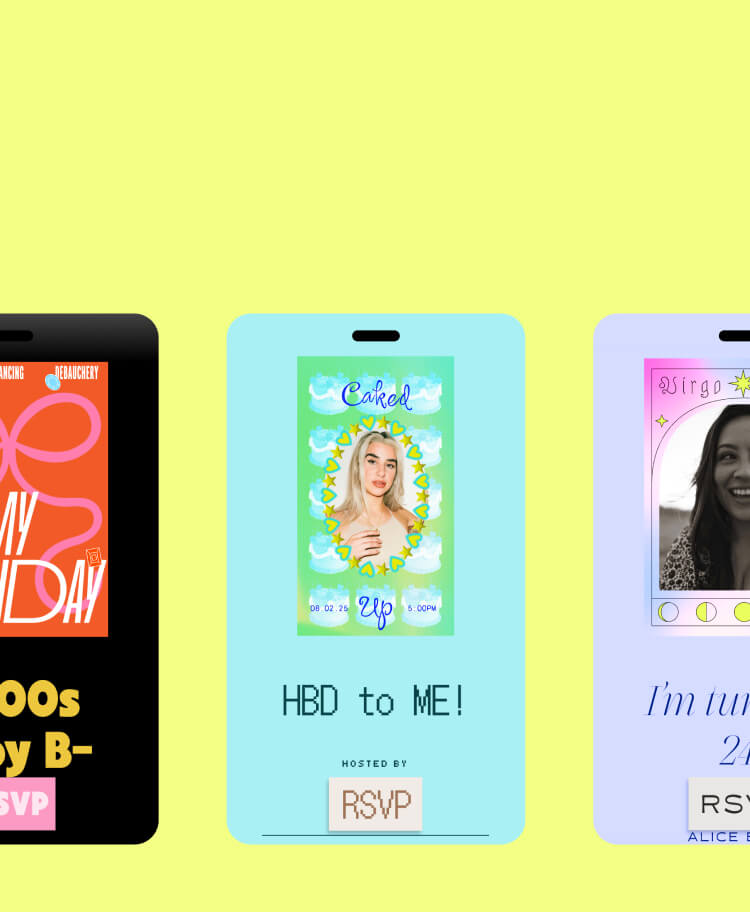 A neon yellow background with images of five birthday Flyer invites in various styles and colors.